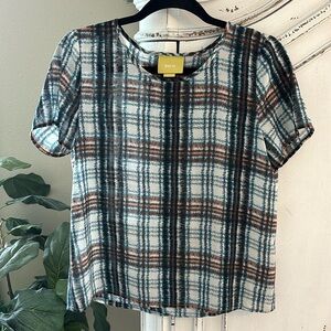 Anthropologie Maeve Plaid Tulip Wrap Open Back Top Blouse Blue Brown Size Small